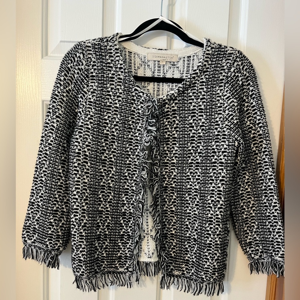Lineamaglia Italian  Open Cardigan Black and White Sweater w/ fringe Small NWOT